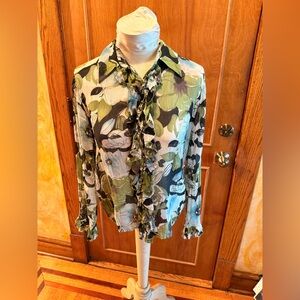 Women's Ruffled Floral Button-Up Blouse in Olive & Black by everyday clothing co